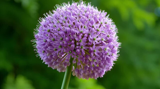 Purple allium flower globeshaped stands out against blurred green foliage