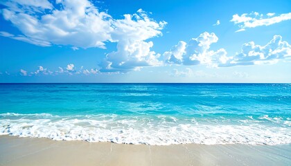 Fototapeta premium A tranquil beach scene showcases a vast expanse of azure ocean meeting a pristine, sandy shore under a vibrant, cloud-filled sky.