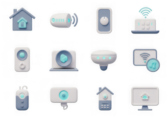 Set of 3d icons for smart home technology and devices, isolated on transparent background