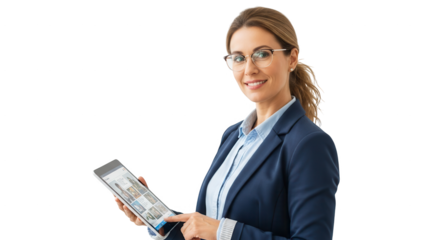 Professional woman using tablet for business work online marketing and technology solutions today now on transparent background