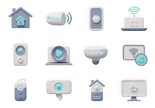 Set of 3d icons for smart home technology and devices, isolated on transparent background
