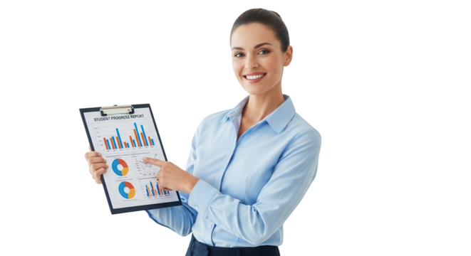Business woman presenting data analysis report charts graphs on clipboard for presentation and review on transparent background
