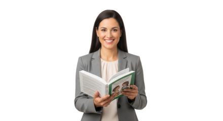 Stock photo of woman reading book in business attire for educational or corporate presentation on transparent background