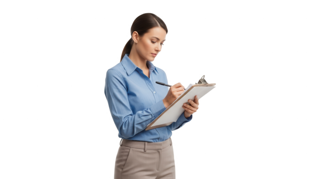 Woman writing on clipboard business professional taking notes office worker isolated on black background 100 char on transparent background