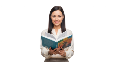Stock photo of woman reading book education learning knowledge study literature open book smiling brunette 100 on transparent background