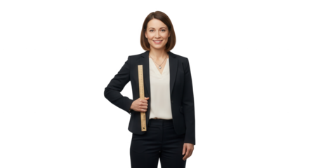 Portrait of smiling teacher holding ruler in studio shot for education and measurement concept use case on transparent background
