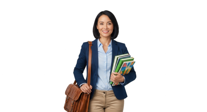 Portrait of a smiling teacher with books and bag isolated on black background for education concept use on transparent background