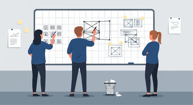 Team collaboration brainstorming session for ux design website wireframe on whiteboard in office space vector