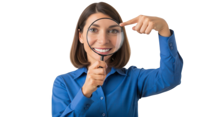 Woman holding magnifying glass concept for search inspection analysis and investigation research focus 100 on transparent background