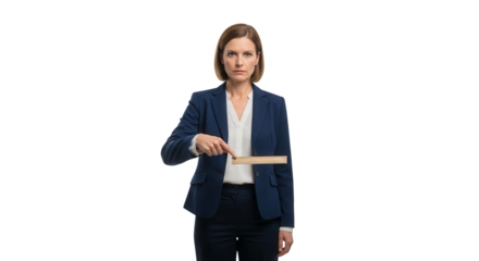 Businesswoman pointing at ruler business professional leadership measurement concept isolated studio shot on transparent background