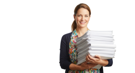 Woman holding stack of paper documents paperwork overload office work business documents file management stress on transparent background