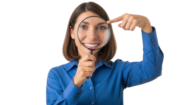 Woman holding magnifying glass concept for search inspection analysis and investigation research focus 100 on transparent background