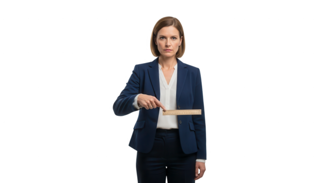 Businesswoman pointing at ruler business professional leadership measurement concept isolated studio shot on transparent background