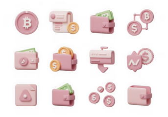 Collection of 3d pastel pink cryptocurrency wallets and coins, isolated on transparent background