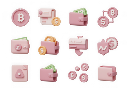 Collection of 3d pastel pink cryptocurrency wallets and coins, isolated on transparent background - Powered by Adobe