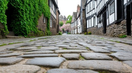 Charming Cobblestone Street Surrounded by Historic Half-Timbered Houses