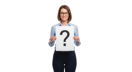 Woman holding question mark sign seeking answers solutions and information concept on black background image on transparent background