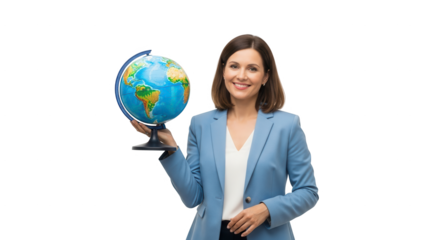 Woman holding globe international business travel education geography earth world map exploration study tour 100 on transparent background