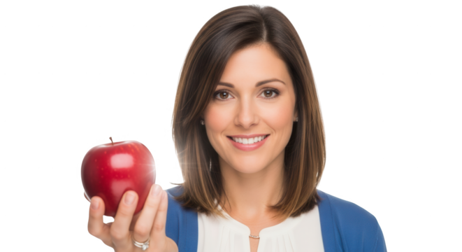 Woman holding red apple healthy eating lifestyle wellness nutrition food fresh fruit diet snack ad campaign on transparent background