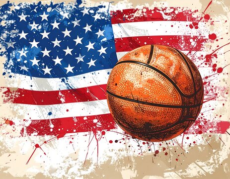 An orange basketball sits against a backdrop of the American flag, adorned with splatter effects, creating a dynamic and patriotic image.