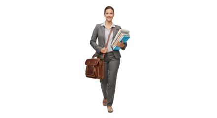 Stock photo of a businesswoman carrying books and a briefcase on a black background isolated image on transparent background