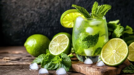 Refreshing Lime Mojito with Fresh Mint and Ice on Wooden Surface