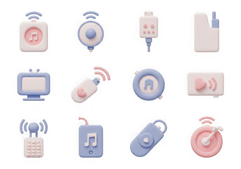 A set of 12 pastel 3d icons representing electronic devices and wireless accessories, isolated on a transparent background