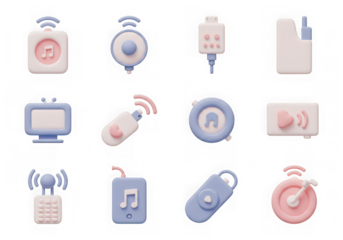 A set of 12 pastel 3d icons representing electronic devices and wireless accessories, isolated on a transparent background