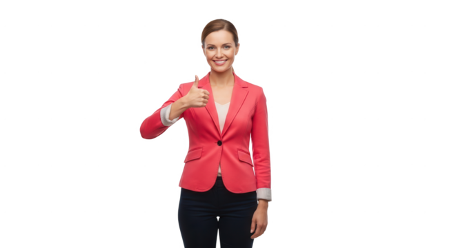 Stock photo of professional woman in pink blazer giving thumbs up gesture on black background for business use on transparent background - Powered by Adobe