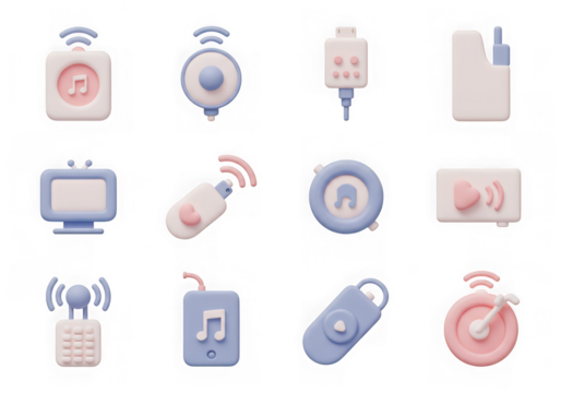 A set of 12 pastel 3d icons representing electronic devices and wireless accessories, isolated on a transparent background