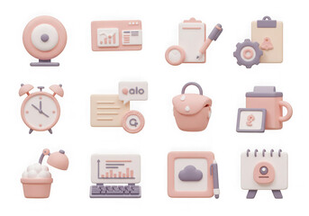 Assortment of 3d pastel icons for business, finance, and time, isolated on a transparent background