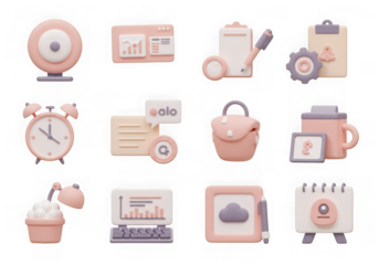 Assortment of 3d pastel icons for business, finance, and time, isolated on a transparent background