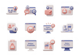 Collection of 3d icons for online portfolio and web development, isolated on transparent background