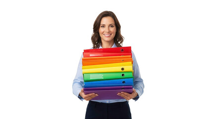 Woman holding colorful file folders for organization and document management in the office space desk on transparent background