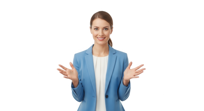 Professional woman gesturing presentation isolated background business woman explaining idea on transparent background