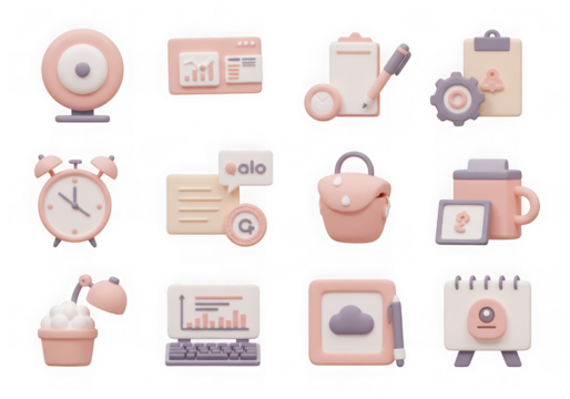 Assortment of 3d pastel icons for business, finance, and time, isolated on a transparent background