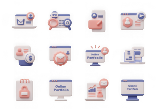 Collection of 3d icons for online portfolio and web development, isolated on transparent background