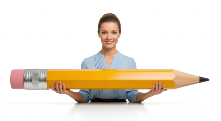Woman holding big pencil education concept back to school writing tool learning creative design idea 100 on transparent background