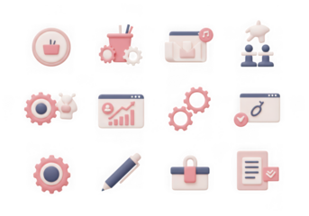 Set of 3d icons representing business, strategy, and workflow, isolated on transparent background