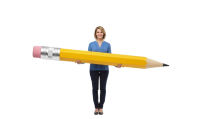 Woman holding giant pencil stock photo for creative writing and education themed marketing materials on transparent background