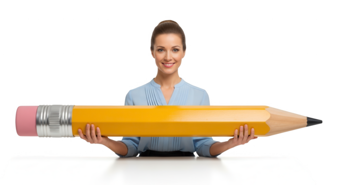 Woman holding big pencil education concept back to school writing tool learning creative design idea 100 on transparent background