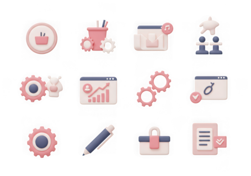 Set of 3d icons representing business, strategy, and workflow, isolated on transparent background