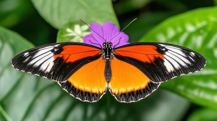 Colorful butterfly resting on a vibrant flower in lush greenery