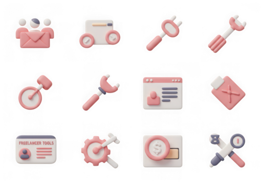 Collection of 3d pastel pink and white icons for business, finance, and tools, isolated on transparent background - Powered by Adobe