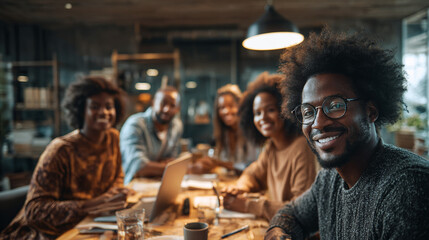 Obraz premium Diverse group of smiling people gathered around a table in a bright office setting