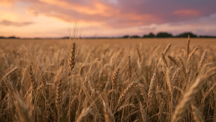 Obraz premium Closeup of ripe wheat ears in a vast field at sunset, with a glowing purple-orange sky in the background. A serene and golden moment, capturing the beauty of nature and the harvest season.
