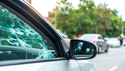 Damaged Car Window with Side View Mirror, Accident Scene, and Street Background.
