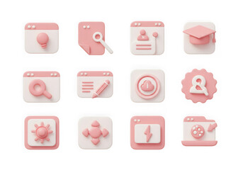 A collection of pastel pink and white 3d icons representing various digital and educational concepts, isolated on a transparent background