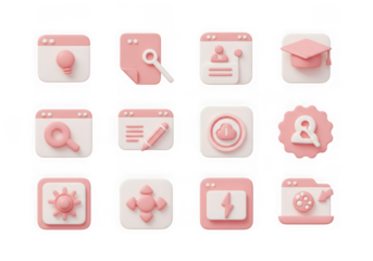 A collection of pastel pink and white 3d icons representing various digital and educational concepts, isolated on a transparent background