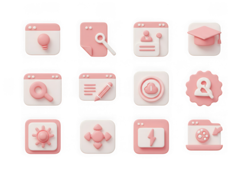 A collection of pastel pink and white 3d icons representing various digital and educational concepts, isolated on a transparent background